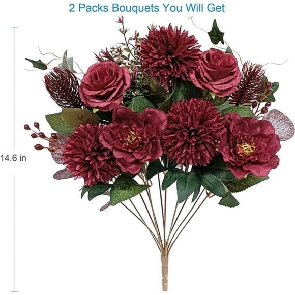 24 Heads Premium Artificial Flowers, Burgundy Silk Flower Peony Bouquets - Picture 2 of 6